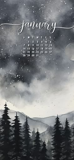 a black and white calendar with trees on it