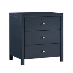 a black night stand with three drawers and two gold knobs on the bottom drawer