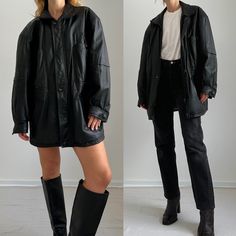 Vintage '90s black leather coat with the best zip pockets and quilted, padded lining, in good, gently worn vintage condition.  This one is in great condition for its age- there are some tiny paint marks on the leather, shown in the last picture.  Materials: leather outer with silky poly acetate lining.  Size: states a size 52- Would fit a women's AU 10-14 (medium-large) best, depending on desired fit. Can also be worn as more of an oversized fit on a size AU 6-8 (xs-small), as shown in the pictures.  Measurements taken when laid flat: Shoulder to shoulder: 56cm Pit to pit: 61cm Waist: 58.5cm (zipped)  Hips: 60cm (zipped)  Length from edge of shoulder near armhole to hem: 76.5cm Sleeve length: 56.5cm Gaby is 169cm and wears an AU 6-8 (xs/small) Vintage Jacket Outfit, Leather Coat Outfit, Black Leather Coat, Coat Outfits, Vintage Jacket, Leather Coat, Alternative Fashion, Jacket Outfits, Vintage 90s