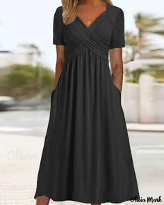 Color: black, Size: L(10-12) Plain Dress, Breezy Dress, Special Dresses, Midi Short Sleeve Dress, Prom Dresses Long With Sleeves, Look Plus, Outfit Casual, Types Of Skirts, Grey Fashion