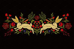 two rabbits with flowers and leaves in the middle on a black background, surrounded by red roses