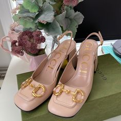 Gucci Mid Heel Slingback With Horsebit. Size 36.5 Description States Color Is Pink Beige But Looks More Of A Vanilla Beige Color. Now Retails For $920 At Gucci Store. Used 2x. Please Review Pictures And Description Closely. Light Scuff Marks On Heels. Gold Accent On Inner Heel. Heel Is 3”. Selling Because Its A Little Too Big For My Feet. Have Receipt, Box And Shoebag. Hak Tinggi, Stile Hijab, Chunky Heel Shoes, Chic Shoes, Women Slippers, Aesthetic Shoes, Dream Shoes, Pretty Shoes, Gucci Shoes