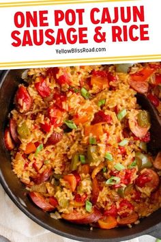 one pot cajun sausage and rice in a skillet with the title above it