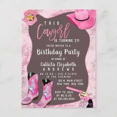 a pink cowboy birthday party card with boots, hat and flowers on the bottom of it