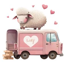 a sheep standing on top of a pink truck with hearts flying around it's head