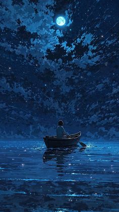 a man in a boat floating on the water at night under a full moon and stars filled sky