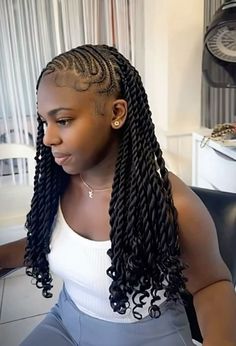 Plait And Twist Hairstyles Natural Hair, Fulani Braids Hairstyles With Twist, Island Twist Hairstyles Short, Homecoming Hairstyles With Braids, Braided Hairstyles For Black Women Twist, Cornrows With Twist, Braid And Twist Hairstyles, Teen Braided Hairstyles Black, Black White Braids