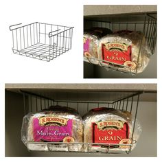 two pictures of bread and muffins on shelves