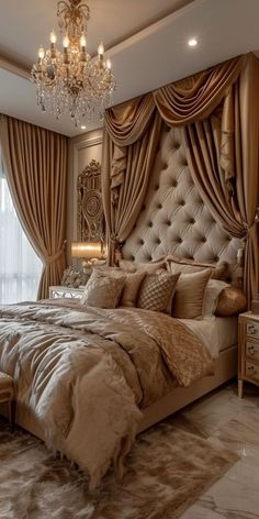 a large bed sitting under a chandelier in a bedroom next to a window