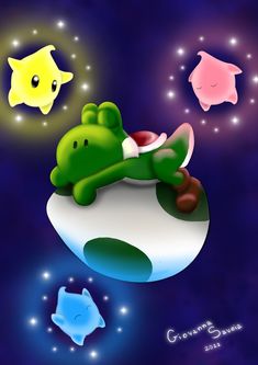 there is a green frog sleeping on top of a white ball with other animals in the background