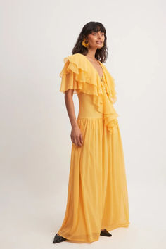 Chiffon Ruffles Detail Maxi Dress Yellow Ruffle Dress, Dress Yellow, Chiffon Ruffle, Dress Maxi, Golden Yellow, Na Kd, Yellow Dress, Ruffle Dress, Side Zipper