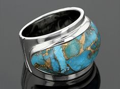 Southwest Style by JTV™ fancy cabochon Kingman Mohave turquoise sterling silver band ring. Measures approximately 9/16"L x 1/4"W. Not sizeable. Sterling Silver Rings Bands, Southwest Style, Broken Chain, Special Jewelry, Black Agate, Silver Band Ring, Sterling Silver Bands, Turquoise Gemstone, Turquoise Sterling Silver