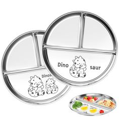 two metal trays with food in them and the words dino saur on each side