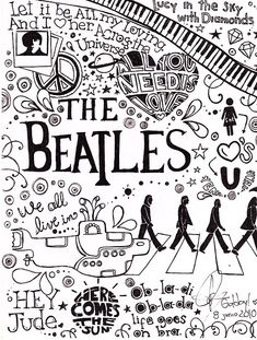 an advertisement for the beatles concert in black and white, with doodles all over it