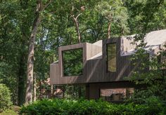 the house is surrounded by trees and bushes