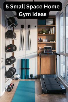 a gym room with treadmills, exercise equipment and bookshelves on the wall