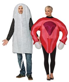 man and woman in costumes standing next to each other, one wearing a costume that looks like a stomach