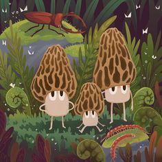 three mushrooms are standing in the middle of a forest with grass and bugs around them