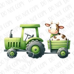 a cow riding on the back of a green tractor