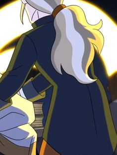 an animated image of a woman with blonde hair and blue jacket looking at the moon