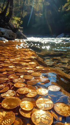 the sun shines brightly through the water and onto some gold coins that are laying on the ground