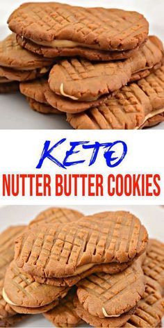 two pictures of peanut butter cookies stacked on top of each other with the words keto written above them