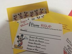 two envelopes with mickey mouse and other items on them, one is for rsp