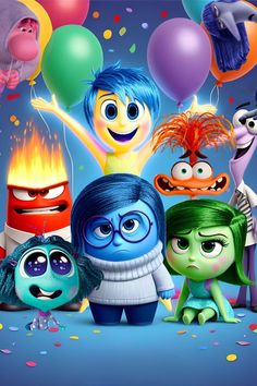 the characters from inside out with balloons and confetti