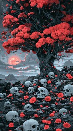 a tree with red flowers and skulls in the foreground is surrounded by other trees