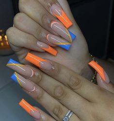 Peach Nails, Drip Nails, Ombre Acrylic Nails, Glow Nails, Acrylic Nails Coffin Pink, Blue Nail, Long Square Acrylic Nails