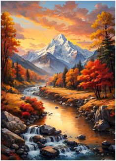 a painting of a mountain river and trees