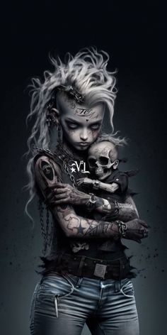 a woman with tattoos and piercings on her arm holding a baby in her arms