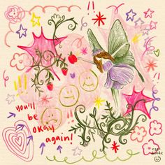 a drawing of a fairy with flowers and hearts