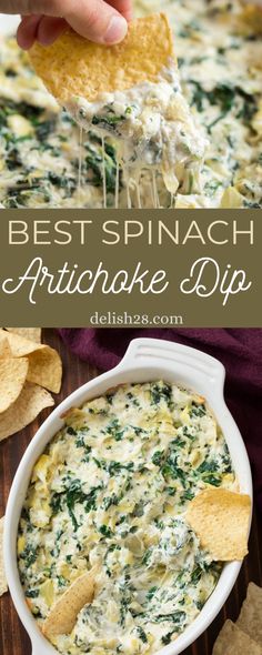 spinach artichoke dip with tortilla chips on the side and text overlay