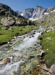 a small stream running through a lush green valley filled with rocks and grass next to tall mountains