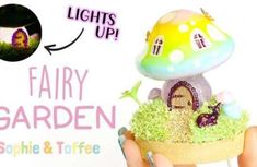 there is a fairy garden in someone's hand with the light up mushroom house