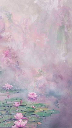 a painting with pink flowers and water lilies