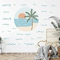 a room with a chair and palm tree on the wall