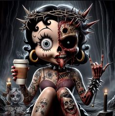 a painting of a woman with tattoos holding a cup of coffee and candles in front of her face