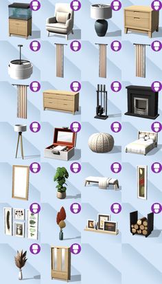 a bunch of different types of furniture and decor on a blue background with purple circles