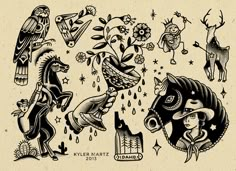 an old school tattoo design with animals and birds