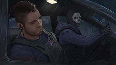 a man sitting in the passenger seat of a car next to a creepy looking creature