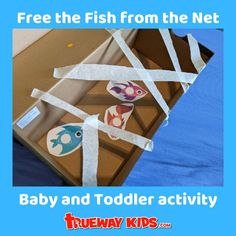 there is a box with fish on it and the text free the fish from the net baby and toddler activity