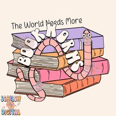 a stack of books with the words'world reads more'written on them and an image of a worm sticking out of one book