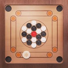 a wooden board game with buttons and circles on the top, sitting on a table