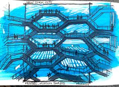 a drawing of people walking around in a blue area with lots of hexagonal structures