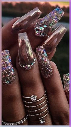 Fall Acrylic Nails With Rhinestones, Las Vegas Nails Ideas Glitter Sparkle, Birthday Sparkle Nails, February Birthday Nails Ideas, Birthday Nails Squoval, 50th Birthday Nails Design, March Birthday Nails, Mardi Gras Nails Ideas, Glam Nails Rhinestones