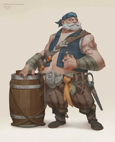 an animated character with a beard and mustache holding a beer barrel in one hand while standing next to a wooden barrel