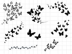 the butterflies are flying in different positions and shapes, all black on white background with grids