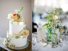 two different pictures of a wedding cake and vases with flowers in them on the table